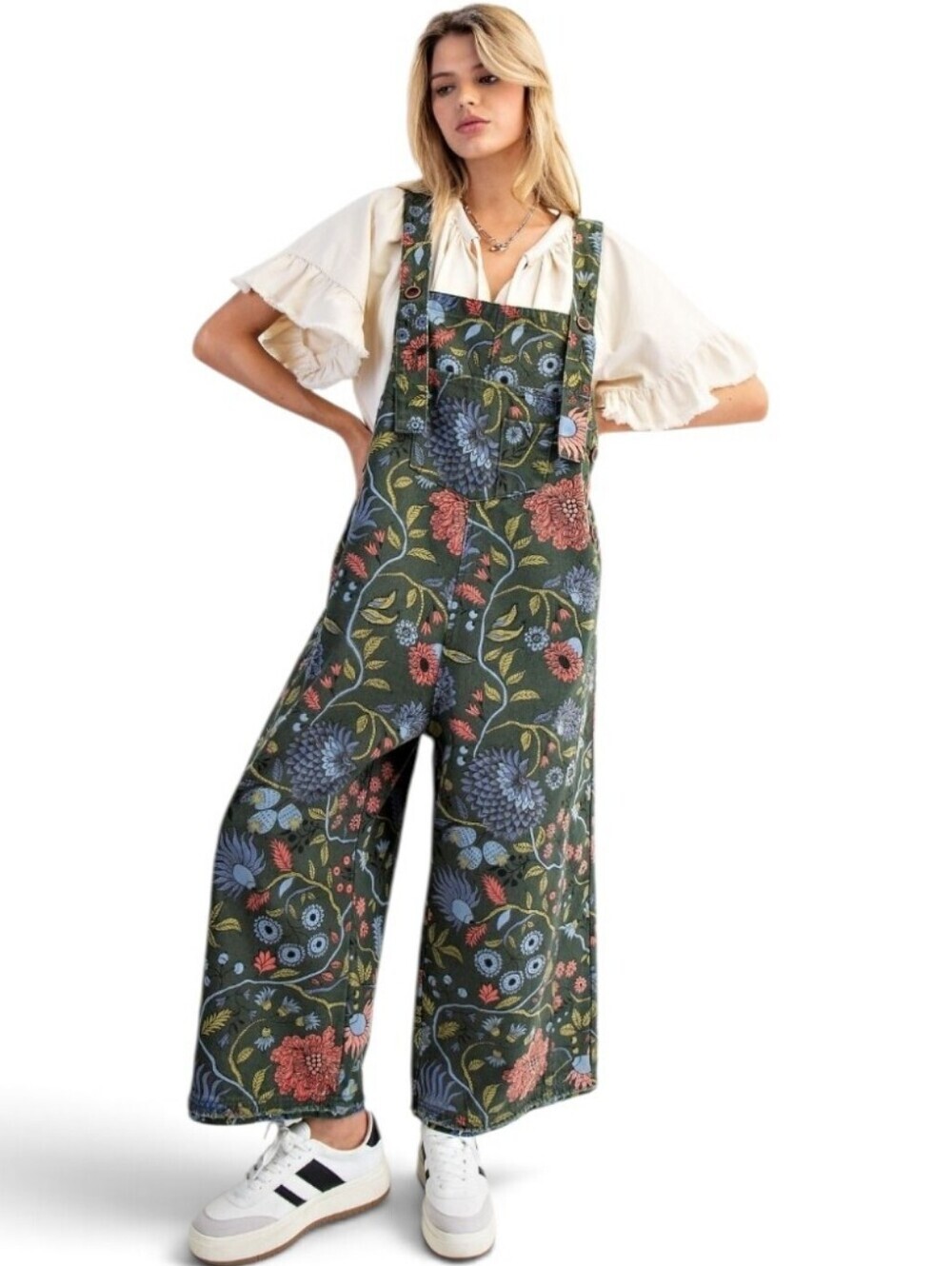 Easel Floral Vintage Washed Overalls Jumpsuit Pine Green New